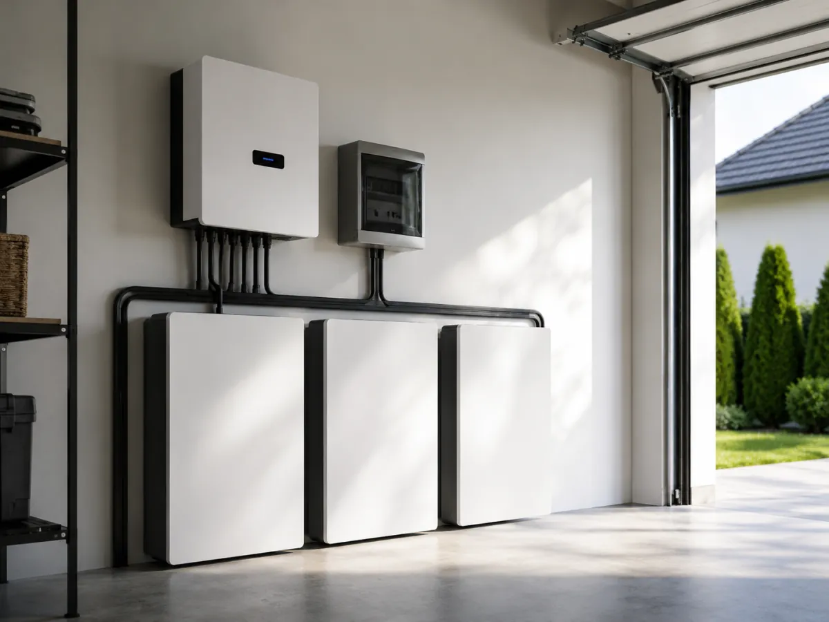Invertor și trei module de baterie montate pe peretele unui garaj